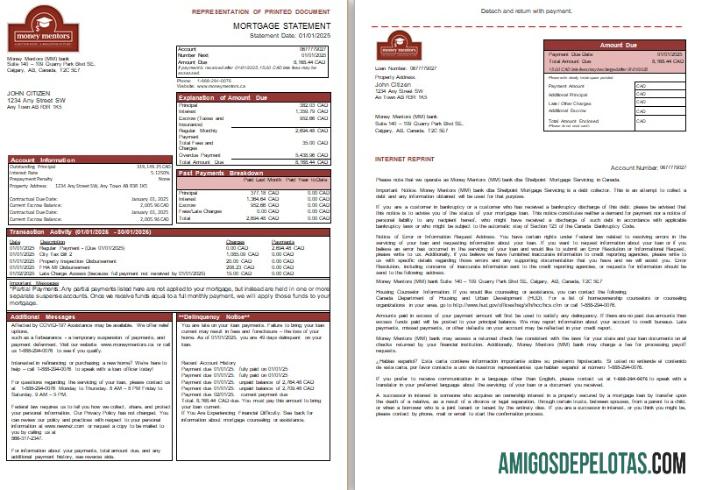 Extrato de hipoteca bancária do Canada Money Mentors (MM), 3 páginas, 1 2 Scr exemplo real